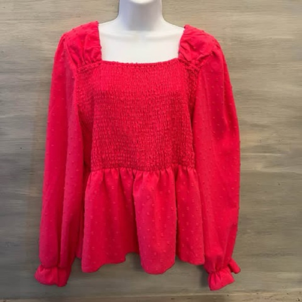 SHEIN Curve‎ Hot Pink Swiss Dot BabyDoll Peasant Blouse Size 3XL Good Condition